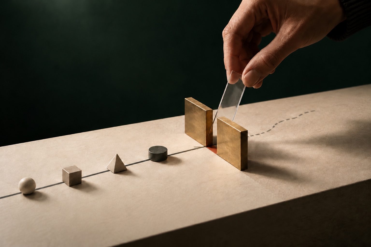Small pieces of work wait in a line on a table; at a brass gate, a hand holds the next one, deciding.