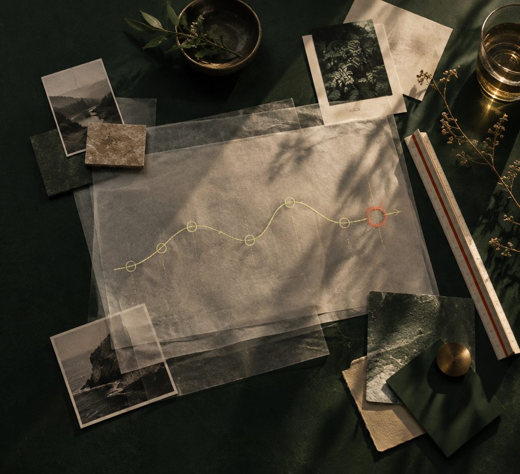A route drawn across tracing paper, stop by stop, with the stop where the work waits circled in red; notes sit beside it.