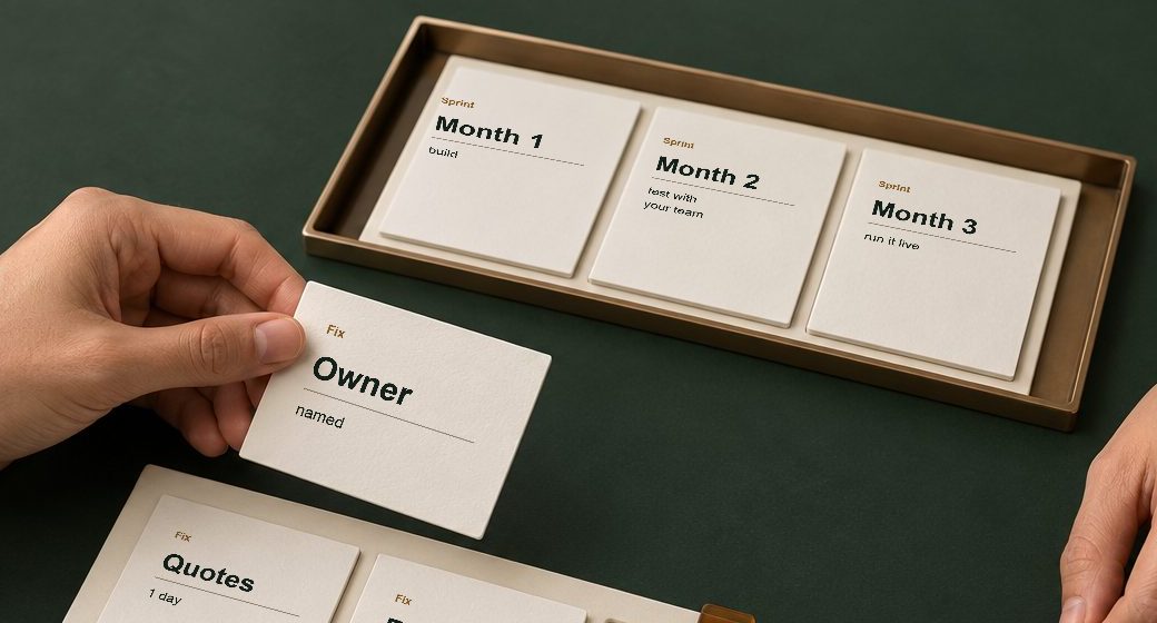 The sprint on the table: three month cards in a brass tray, the fixes already agreed in front, and a hand holding the card naming the owner.