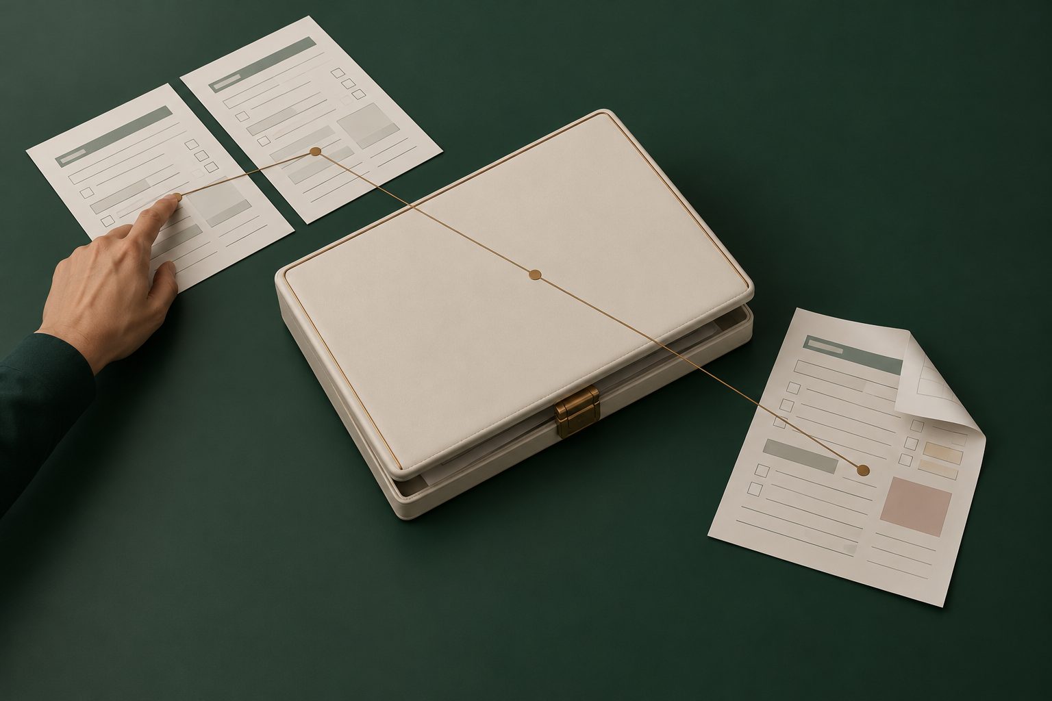 A hand follows a brass thread from a request, across the pricing page, to a closed case and the notes beside it.